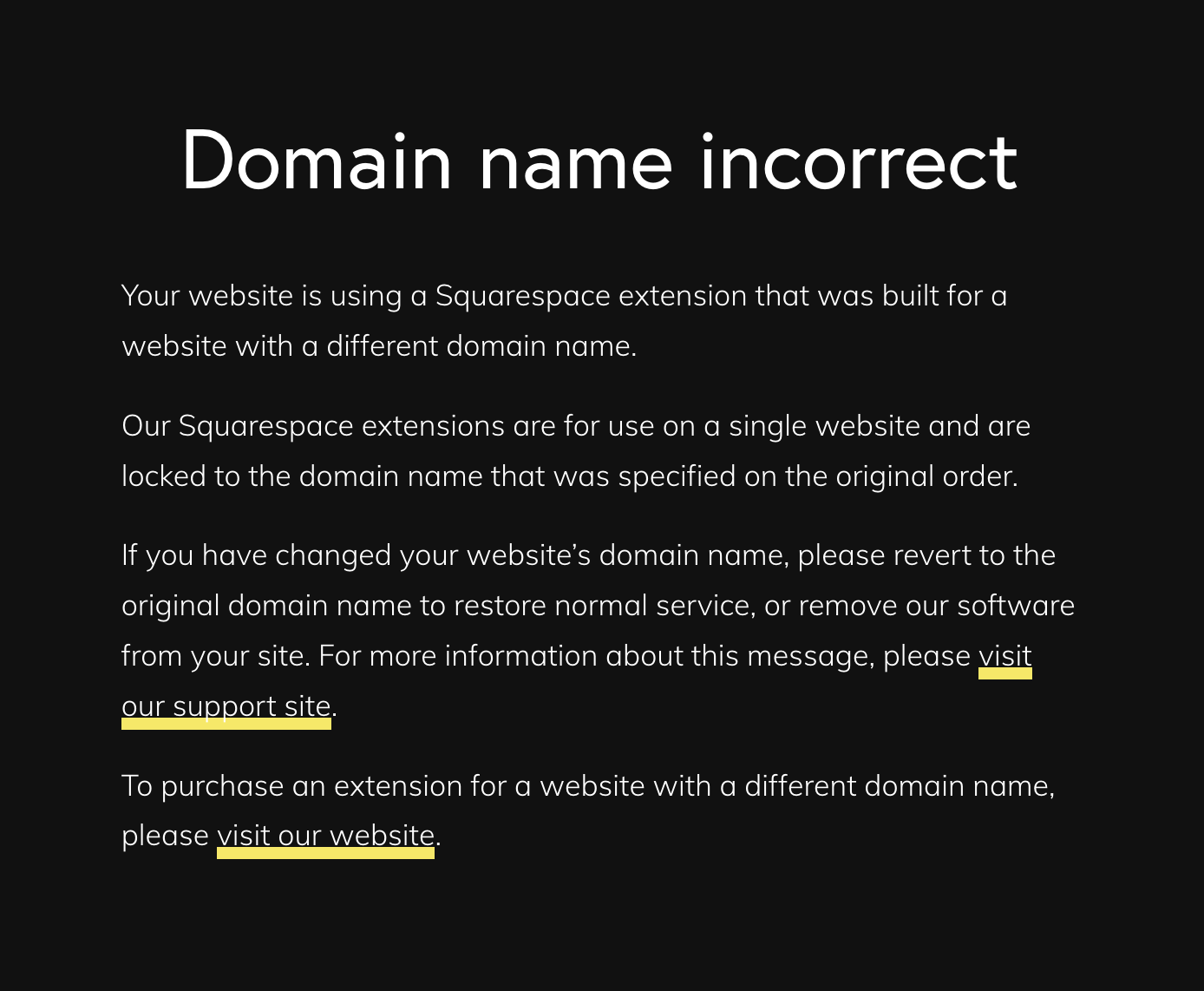 Domain name incorrect message